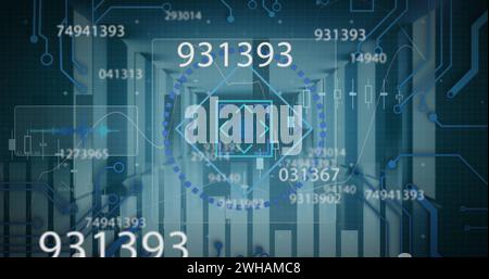 Bild des Scope-Scans über sich ändernde Zahlen, Verarbeitung von Finanzdaten im Hintergrund Stockfoto