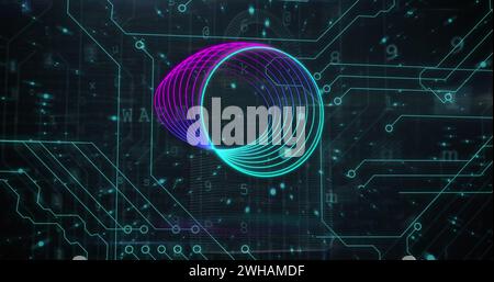 Bild von Kreisen und Datenverarbeitung über Netzwerk von Verbindungen Stockfoto