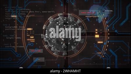 Bild der covid-19-Zelle mit Scope-Scan und Datenverarbeitung Stockfoto