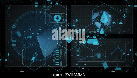 Bild von medizinischen Symbolen und Datenverarbeitung mit Globus auf schwarzem Hintergrund Stockfoto