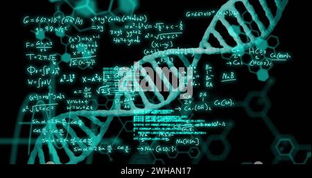 Bild des dna-Strangs und der wissenschaftlichen Datenverarbeitung auf schwarzem Hintergrund Stockfoto