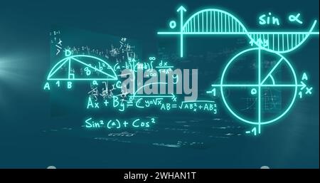 Bild mathematischer Formeln und wissenschaftlicher Datenverarbeitung auf schwarzem Hintergrund Stockfoto