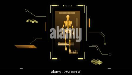 Bild des menschlichen Skeletts und der wissenschaftlichen Datenverarbeitung auf schwarzem Hintergrund Stockfoto