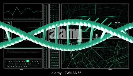 Bild eines dna-Strangs, der sich über der Datenverarbeitung dreht, auf schwarzem Hintergrund Stockfoto