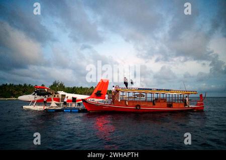 Malediven Wasserflugzeug auf Luxusresort, Holzsteg, der das Flugzeug beladen, bereit für den Abflug. Tropische Insel im Hintergrund Stockfoto