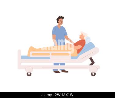 Arzt oder Krankenschwester besuchen Patienten im Krankenhaus. Medizinisches Personal in der Klinik. Häusliche Pflegedienste für ältere Menschen. Kranker alter Mann, der auf dem Bett liegt Stock Vektor
