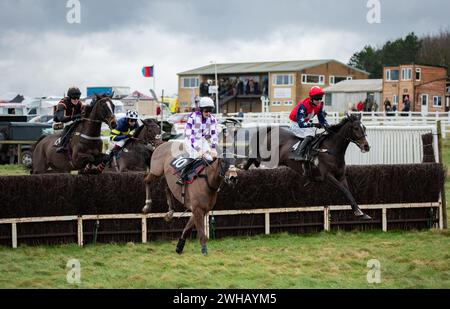 Grace A Vous Enki und James King Dead Heat mit Regatta de Blanc und will Biddick teilen sich den Leidos Coronation Gold Cup, Larkhill, 04.02.2024. Stockfoto