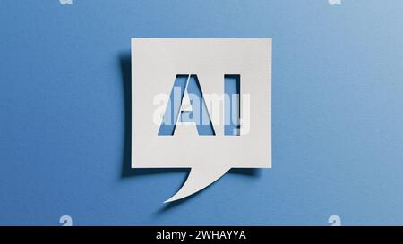 Das Konzept der künstlichen Intelligenz. Sprechblasenförmiges Papier mit dem Buchstaben AI-Ausschnitt. Innovation, Automatisierung, Effizienz. Symbolische Mischung aus Technolo Stockfoto