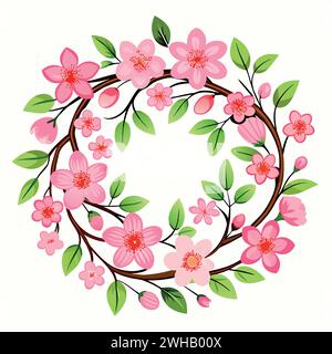 Niedlicher Kirschblüten-Kranz-Blumenclipart, Aquarellmalerei, Minimal Stock Vektor