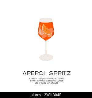 Aperol Spritz Cocktail im Glas mit Eis und Orangenscheibe. Italienisches Aperitif-Rezept im Sommer. Minimales Retro-Poster für das Barmenü. Wandbild Stock Vektor