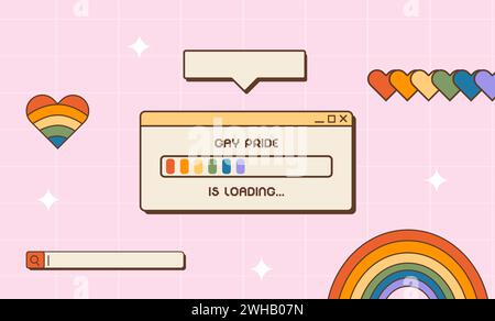 Horizontales Retro-Banner von Vaporwave für den LGBTQ Pride Month. Gay Pride lädt altes Computerdialogfenster, Regenbogen, LGBT-Flaggenfarben. Postervorlage mit Stock Vektor