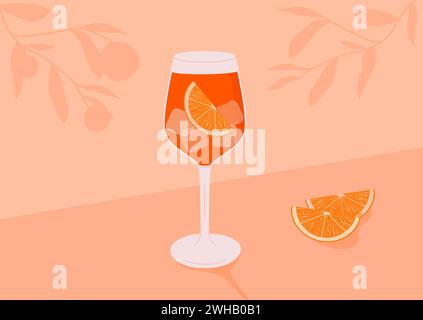 Klassischer Aperol Campari Spritz Cocktail im Glas mit Eis und Orangenscheibe. Italienischer Aperitif im Sommer. Minimales horizontales Retro-Banner. Alkoholische Getränke Stock Vektor