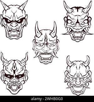 Tauchen Sie ein in die fesselnde Welt der japanischen Kunst mit unserer atemberaubenden Sammlung von Vektor-Kunst-Akten, Vector Oni Hannya Masken. Stock Vektor