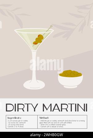 Dreckiger Martini-Cocktail im Glas mit Eis und Oliven am Spieß. Elegantes Poster im Retro-Stil für den Sommer-Aperitif. Drucken Sie mit klassischem alkoholischem Getränk und Stock Vektor