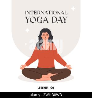 Plakat zum internationalen Yoga-Tag auf dem Platz. Modernes, trendiges Banner mit ruhigen Frauen mit geschlossenen Augen und überkreuzten Beinen, die in Yoga-Lotus meditieren Stock Vektor
