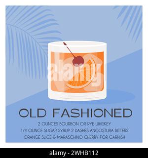 Altmodischer Cocktail im Glas mit Eis garniert mit Orangenscheibe und Maraschino-Kirsche. Whiskey Sour Summer Aperitif tropisches Poster. Minimalistisch Stock Vektor