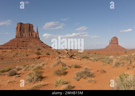 Die West und East Mitten Buttes sind zwei Buttes im Monument Valley Navajo Tribal Park im Nordosten des Navajo County, Arizona. Stockfoto