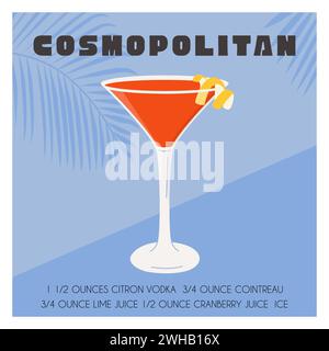 Kosmopolitischer Cocktail in Martini-Glas, garniert mit Zitronengeschmack. Rezept für Sommeraperitif. Minimalistisches quadratisches Retro-Muster. Karte mit alkoholischem Getränk Stock Vektor