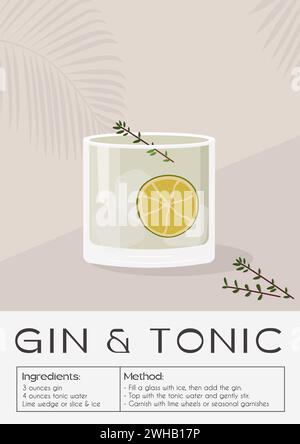 Gin Tonic Cocktail garniert mit Limetten- und Rosmarinzweigen. Trendiges Poster mit Aperitif im Sommer. Minimalistischer Druck mit alkoholischem Getränk Stock Vektor