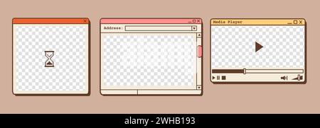 Nostalgische Retro-Computer-benutzeroberfläche. Vintage-Browser und Video-Player. Alte Computer-Ästhetik im Vaporwave- und Retrowave-Stil. Vektorsatz von 90er Jahren alten Desktop Stock Vektor