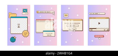 Social Media ig-Story-Vorlagen in altschulischer nostalgischer Gestaltung mit Computerschnittstellenelementen. Retro 80er Jahre 90er Jahre ästhetische Hintergründe. Vintage-Set Stock Vektor