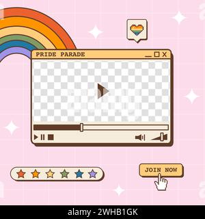 Vaporwave Retro Social Media Post für LGBTQ Pride Month. 80er Jahre 90er Jahre Y2K ästhetisches quadratisches Banner. Queere Grußkartenvorlage mit altem Computervideo Stock Vektor