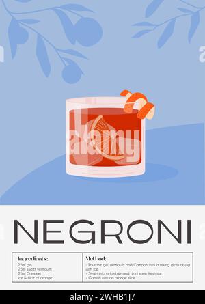 Zeitgenössisches Poster mit Negroni-Cocktail mit Orangenscheibe und Zitrusschale. Klassisches italienisches Rezept für alkoholische Getränke. Trinken Sie in altmodischem Glas Stock Vektor