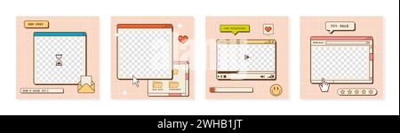 Satz von ig Post-Vorlagen mit alter Computerbenutzeroberfläche. Nostalgisches Design für quadratische Poster in sozialen Medien. Retro 80er Jahre 90er Jahre, groovig Stock Vektor