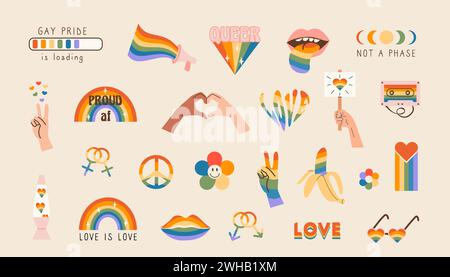 Vektorsatz von LGBTQ Community-Symbolen mit Stolz-Flaggen, Geschlechterzeichen und regenbogenfarbenen Elementen. Sticker für den „Pride Month“. Schwulenparade groovig Stock Vektor