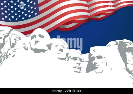 Hintergrund des Presidents Day, Mount Rushmore und 3D schwenkende Flagge USA. Vektorabbildung Stock Vektor