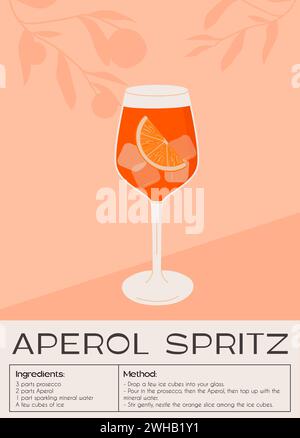 Campari Spritz Cocktail im Glas mit Eis und Orangenscheibe. Italienisches Aperitif-Retro-Poster im Sommer. Wandgemälde mit alkoholischem Getränk dekoriert mit Stock Vektor