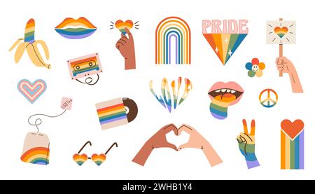 Vektorsatz von LGBTQ Community-Symbolen mit Stolz-Flaggen, Geschlechterzeichen und regenbogenfarbenen Elementen. Sticker für den „Pride Month“. Schwulenparade groovig Stock Vektor