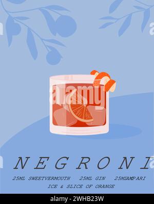 Negroni-Cocktail im altmodischen Glas mit Eis. Italienisches Sommeraperitif-Retro-Poster. Elegantes Drucken, Wandgemälde mit alkoholischen Getränken, dekoriert mit Stock Vektor