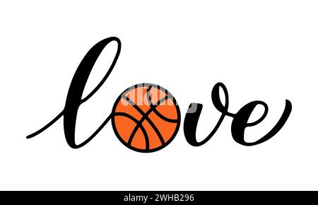 Liebe Basketball-Schriftzug mit Ball isoliert auf weiß. Sporttypografie Poster .Vektor-Illustration. Einfach zu bearbeitende Designvorlage für Ihre kreative d Stock Vektor