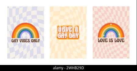 Poster „Stolz-Monat“ mit Regenbogen- und LGBTQ-Sätzen und Slogans. Satz von queeren vertikalen Karten auf verzerrtem Schachbrett. Grußkarten mit LGBT-Symbol Stock Vektor