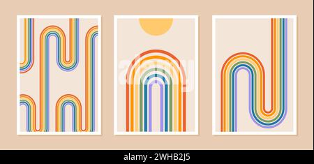 Set abstrakter Poster mit Regenbogen und Sonne oder Mond. Moderner minimalistischer Hintergrund im modernen Boho-Stil. Wanddekor aus der Mitte des Jahrhunderts, Kunstdruck mit Stock Vektor