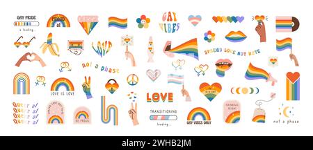 Vector großer Satz von flachen Symbolen, Aufklebern und grafischen Elementen der LGBTQ Community. Stolz-Flaggen, Geschlechterschilder, regenbogenfarbene, queere Symbole im Retro-Look Stock Vektor