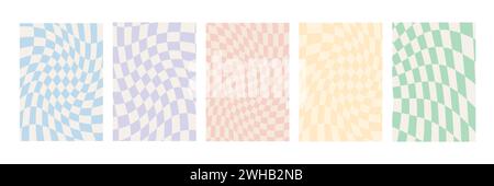 Satz von Schachbretthintergründen in hellen Pastellfarben. Grooviges Hippie-Schachbrettmuster. Psychedelic-Design im Retro-Stil der 60er 70er Jahre. Gingham Vektortapete Stock Vektor