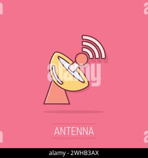 Satellitenantenne Tower-Symbol im Comic-Stil. Übertragung von Cartoon-Vektor-Illustration auf isoliertem Hintergrund. Geschäftskonzept Radarspritzeffekt. Stock Vektor