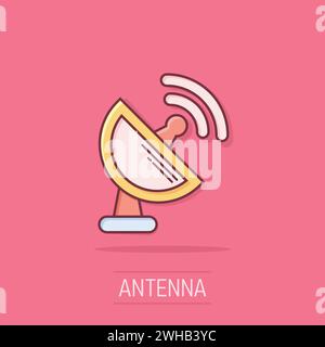 Satellitenantenne Tower-Symbol im Comic-Stil. Übertragung von Cartoon-Vektor-Illustration auf isoliertem Hintergrund. Geschäftskonzept Radarspritzeffekt. Stock Vektor