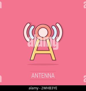 Antennenturm-Symbol im Comic-Stil. Übertragung von Cartoon-Vektor-Illustration auf isoliertem Hintergrund. WLAN-Splash-Effekt-Geschäftskonzept. Stock Vektor