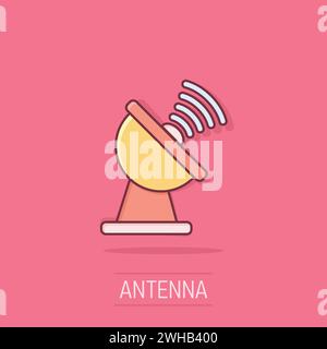 Satellitenantenne Tower-Symbol im Comic-Stil. Übertragung von Cartoon-Vektor-Illustration auf isoliertem Hintergrund. Geschäftskonzept Radarspritzeffekt. Stock Vektor