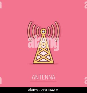 Antennenturm-Symbol im Comic-Stil. Übertragung von Cartoon-Vektor-Illustration auf isoliertem Hintergrund. WLAN-Splash-Effekt-Geschäftskonzept. Stock Vektor