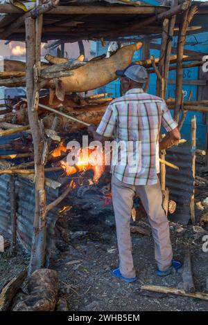 Ganze Schweine draußen auf Holzspießen über einem offenen Holzfeuer an einem Straßenrand in Haina, Dominikanische Republik. Stockfoto
