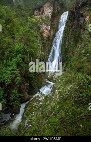 Der Wasserfall Salto de Aguas Blancas in den Bergen des Valle Nuevo Nationalparks in der Dominikanischen Republik. Stockfoto