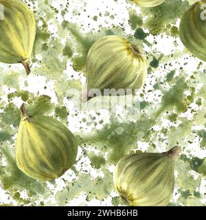 Reife, saftige Früchte von grünen Feigen, nahtloses Muster ganzer Früchte auf Aquarellflecken Hintergrund. Lebensmittel, Pflanzenclipart für Stoff, Etikett, Tapete Stockfoto