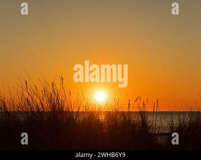 Blick durch die Dünen auf den Sonnenuntergang in die Ostsee, Deutschland Stockfoto
