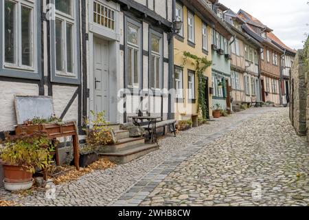 Historische Fachwerkhäuser in Quedlinburg am Schlossberg, Sachsen-Anhalt, Deutschland Stockfoto