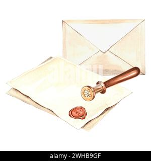 Blätter Pergamentpapier mit Prägung, versiegeltem Umschlag und Vintage Bronze-Wachs-Siegelstift. Vorlage Aquarellabbildung von Schreibzubehör. Isolieren Stockfoto