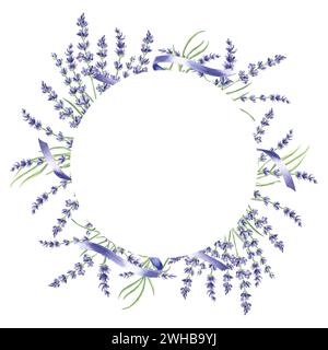 Runder, zarter Blumenrahmen aus lila Lavendelblüten. Vorlage aus natürlichen Kräutern mit Kopierraum. Isolierte handgezeichnete Illustration Wil Stockfoto
